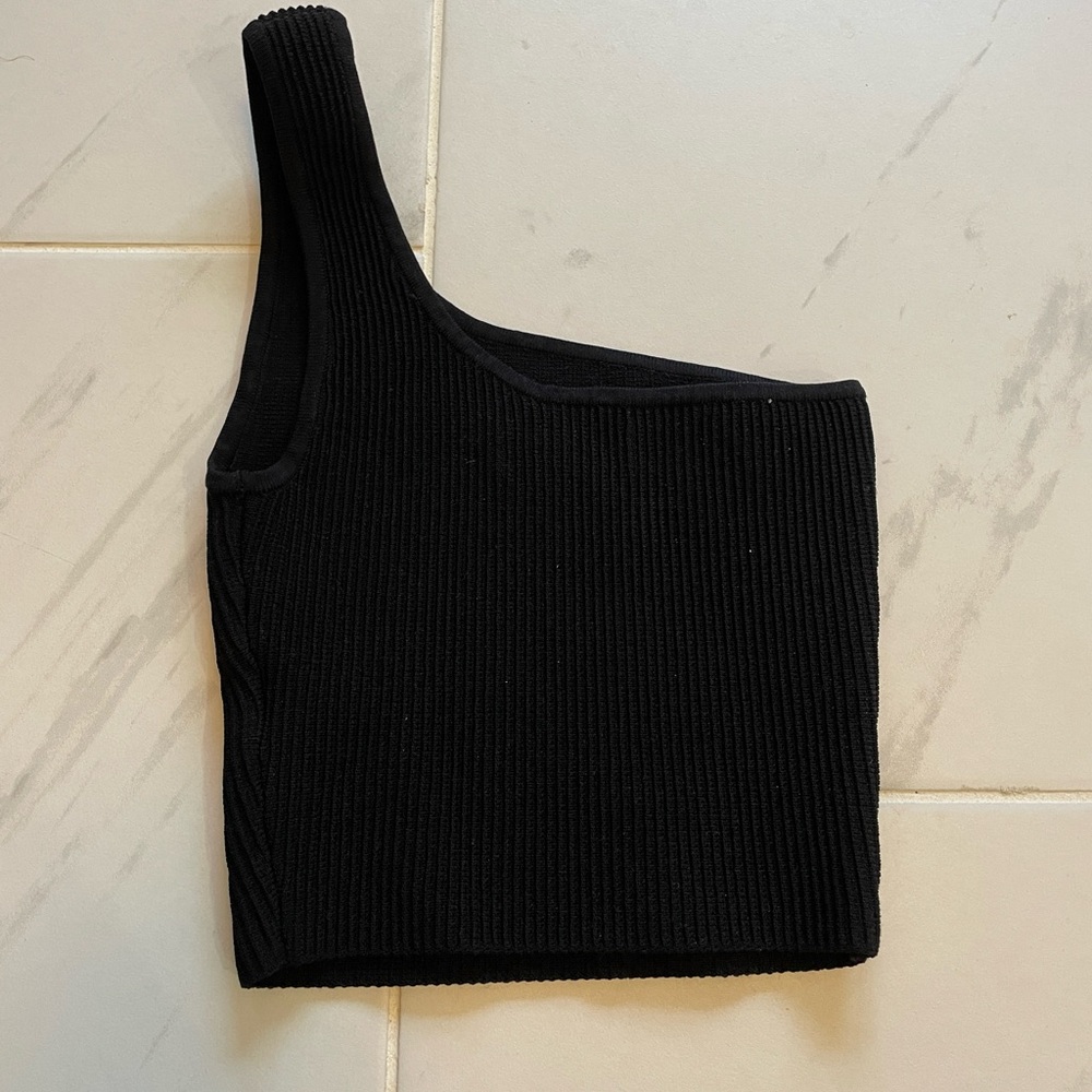 black knit, ribbed one shoulder top